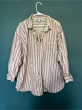 Old Navy boyfriend button up plus size shirt | red cream striped | 2x